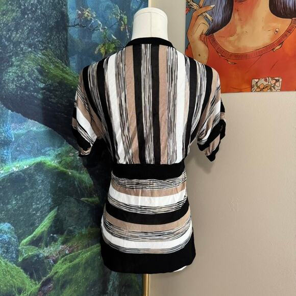 retro striped stretchy surplice v neck blouse neutral y2k top - Picture 5 of 7